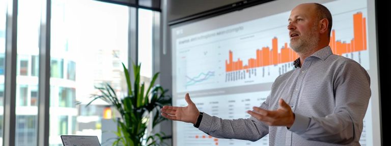 a sleek, modern office interior in bristol features a confident financial advisor presenting a detailed infographic about equity release options, with a large window showcasing the city's skyline in the background.